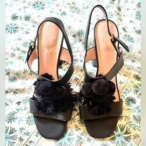 Kate Spade Black Heeled Sandals with Pom-Pom Accents